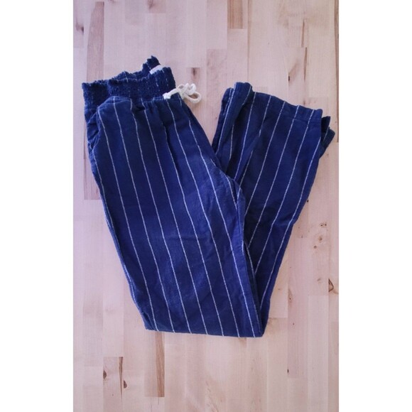 Kiss and Cry Pants - Kiss and Cry Women's Linen Pants Sz Large Wide-Leg Navy Blue Stripe Beach Boho
